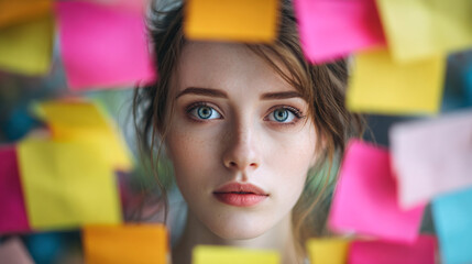Portrait of a young woman with striking blue eyes, surrounded by vibrant, colorful sticky notes, conveying a sense of focus and organization.