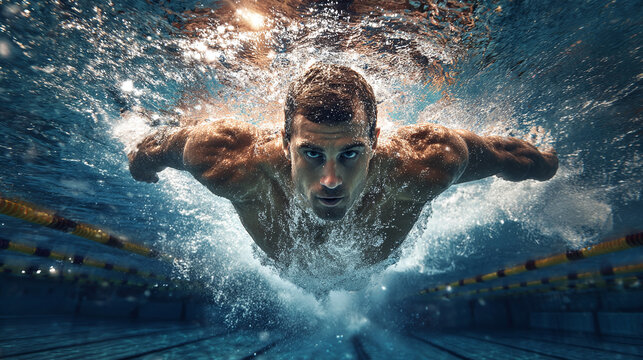 A swimmer glides through water with powerful strokes, captured from an underwater perspective in a pool with lane lines for competitive training.