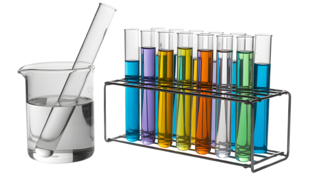 Vibrant laboratory beakers and test tubes filled with colorful liquids showcase scientific discovery and innovation - Powered by Adobe