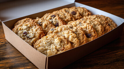 A box brimming with freshly baked delights, their golden surfaces studded with sweet jewels, waiting to be enjoyed in their cozy cardboard home.