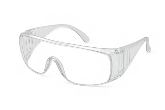 Clear plastic safety goggles for eye protection, personal protective equipment for industrial work and laboratory use