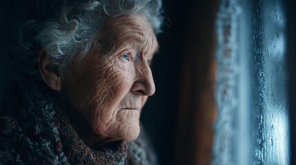 A senior woman with wrinkles and gray hair gazes out a rain-streaked window, her face etched with wisdom and a hint of melancholy.