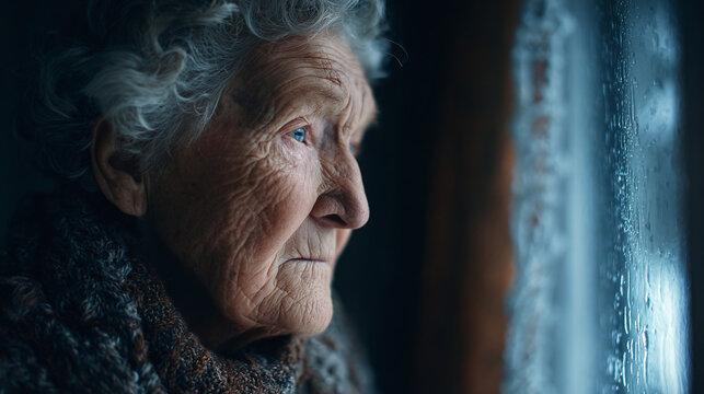 A senior woman with wrinkles and gray hair gazes out a rain-streaked window, her face etched with wisdom and a hint of melancholy.