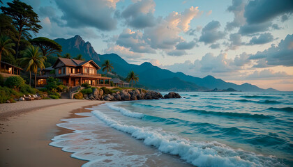 A cozy lounge area with a sofa and coffee table on the seashore, a resort villa on the oceanfront, stylish interior.