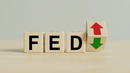 Federal reserve interest rate changes indicated by up and down arrows on blocks