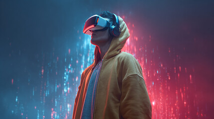 Young man immersed in a digital experience. Wearing VR glasses and headphones, exploring virtual realities against a dynamic digital backdrop.