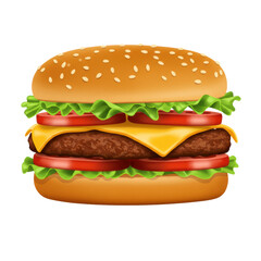 A perfectly stacked classic hamburger with a golden sesame bun, succulent patty, melted cheddar, crisp lettuce, and fresh tomatoes, against a transparent background with copy space, concept for
