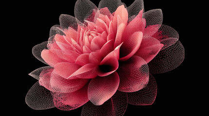 A captivating digitally rendered flower blossom, radiating from a central point with layered petals on a dark backdrop, blending art and technology.