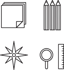 Creative Tools  Origami Paper, Pencil Bundle, Compass Rose, and Geometry Ruler  Black and White Vector Illustration.eps