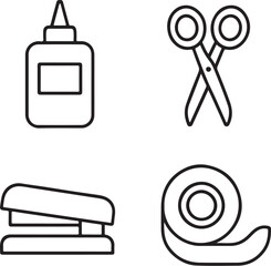 Craft Items Glue Bottle, Scissors, Stapler, and Tape Roll Black and White Vector Illustration.eps