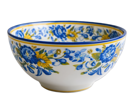 Round, white ceramic bowl with a blue and yellow floral design - Powered by Adobe