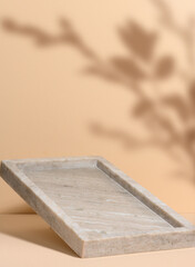 Empty marble rectangular food tray on beige background with shadow