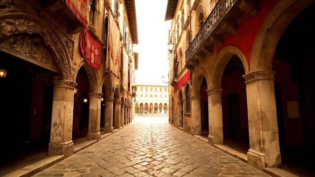 ルネサンス建築が彩る石畳の道、ルビーレッドが映えるタペストリーと祭りの雰囲気