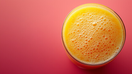 Top view of orange juice in glass on vibrant pink background with empty space. Healthy lifestyle, fruits, vitamins concepts