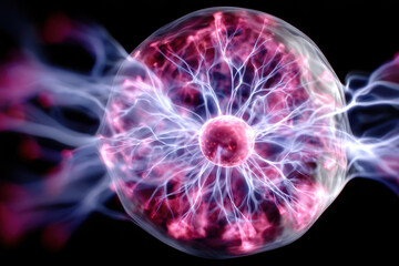 Energy flows through a plasma sphere creating vibrant electric arcs in a dark environment