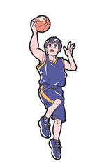 レイアップシュートをする紺色のウェアを着た男子バスケットボール選手のイラスト