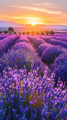 Obraz premium A lavender field at dusk, where the last light of the sun gently fades, filling the air with calm, color, and a touch of evening magic.