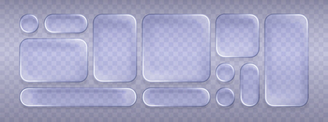 3d liquid glass ui design elements. Realistic transparent glassmorphism round square buttons with matte effect and shade. Menu bars for smartphone screen web app. Vector isolated glass set
