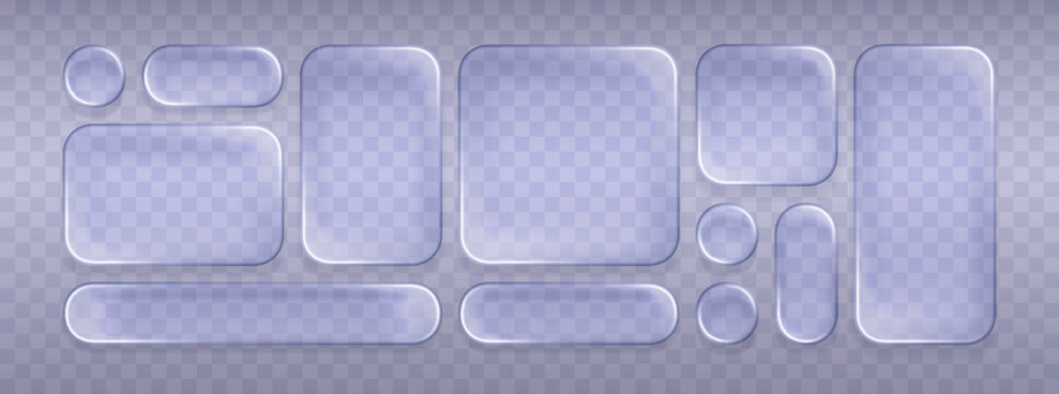 3d liquid glass ui design elements. Realistic transparent glassmorphism round square buttons with matte effect and shade. Menu bars for smartphone screen web app. Vector isolated glass set
