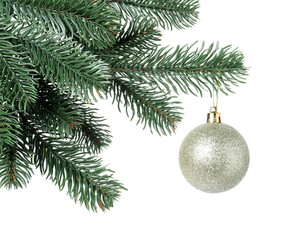 Christmas tree branch with decorative ball isolated on white