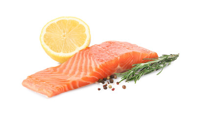 Piece of salmon fillet with spices isolated on white
