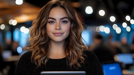 Young woman with wavy brown hair smiling at camera in modern office environment with blurred bokeh lights in background.