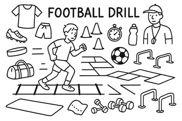 Football Training Tools. Football Drill. Hand-drawn doodle illustration Football Drill player running, agility ladder, cones, soccer ball, sneakers, stopwatch,