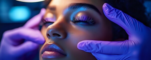 Young African American woman receiving professional eyelash extension treatment in beauty salon with purple gloves and blue neon lighting creating dramatic atmosphere.