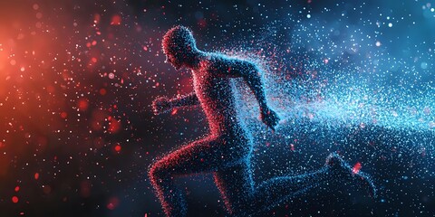 Naklejka premium Digital silhouette of runner composed of glowing particles against cosmic background with red and blue light effects. Represents speed, motion, and athletic achievement.