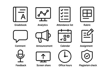 Instructor Tools Icons. Instructor tools. Line icon set of instructor tools: gradebook, analytics chart, attendance list, rubric, comment bubble, announcement,