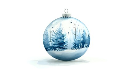 Magical winter forest scene reflected in glass Christmas ornament bauble with snowy pine trees and birds against white background, isolated decorative element.