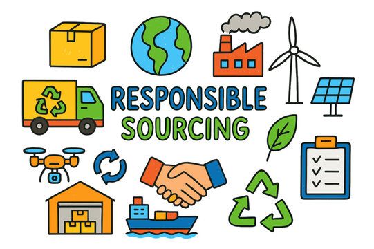 Sustainable Sourcing Doodles. responsible sourcing. Colorful Hand-drawn doodle Children illustration responsible sourcing truck, cargo box, globe, factory,