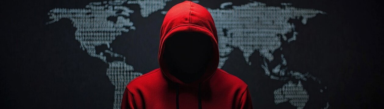 Anonymous figure in red hoodie against world map of binary code hacker