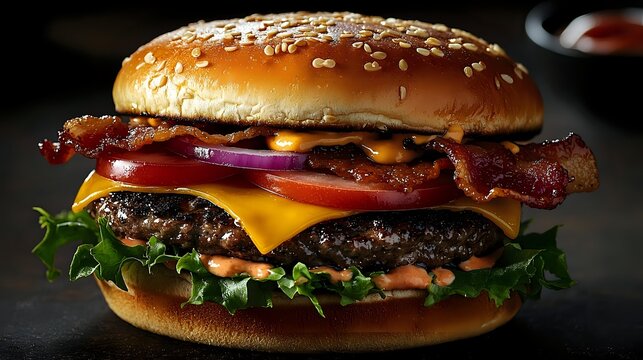 Juicy bacon cheeseburger with melted cheddar, fresh lettuce, tomato, and red onion on sesame seed bun against dark background.