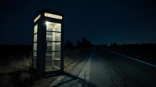 A solitary phone booth illuminated on a dark rural roadside at night, surrounded by silence and emptiness, evoking a sense of isolation and abandonment.