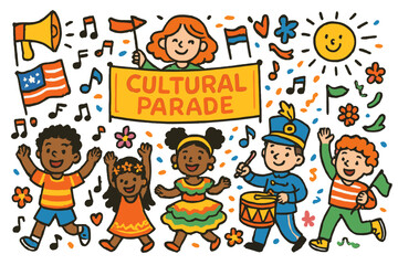 Naklejka premium Festive Cultural Parade. Cultural parade. Colorful Hand-drawn doodle Children illustration Cultural parade flags, drums, costumes, marching band, banners,