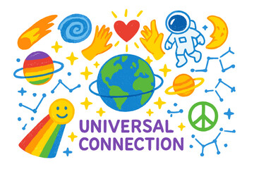 Fototapeta premium Universal Cosmic Connection. Universal connection. Colorful Hand-drawn doodle Children illustration Universal connection Earth and stars, galaxy spiral,