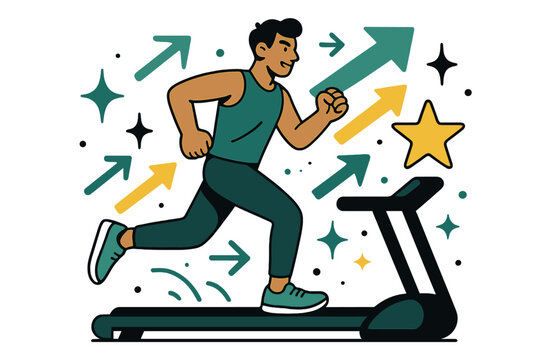 Dynamic Treadmill Inspiration. Workout motivation. Person running on treadmill with abstract floating arrows, stars, and sparkles; conveys energy,