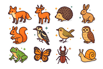 Naklejka premium Forest Wildlife Icons. Forest wildlife in May. Colorful isometric vector icons set of Forest wildlife in May: red fox, roe deer, hedgehog, hare, red squirrel,