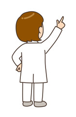 腰に手を当てて斜め上を指さす後姿の女性医師