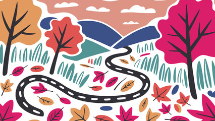 Naklejka premium Vibrant Autumn Landscape With Winding Road, Colorful Trees And Falling Leaves Under A Sunset Sky
