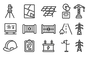 Solar Farm Icons. Solar farm development. Line icon set of solar farm development: site survey, parcel map, racking rows, tracker motor, inverter skid, fence