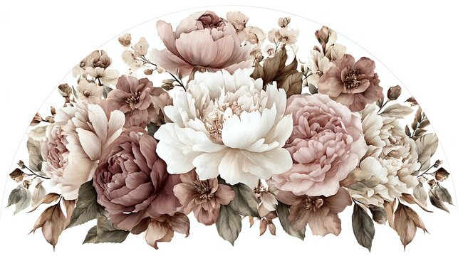 Elegant floral arrangement with dusty rose and white peonies surrounded by delicate blooms and foliage in soft vintage palette.