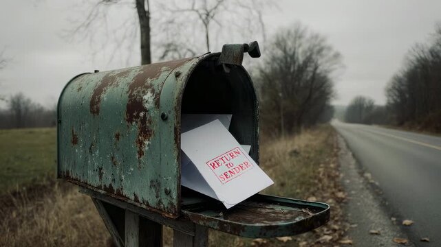 An old rusty mailbox stands by a rural road, holding a letter stamped 'Return to Sender,' surrounded by bare trees and fallen leaves.