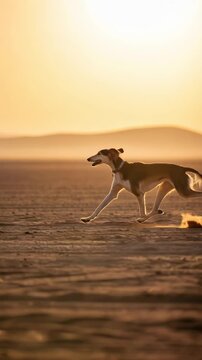 Saluki dog running on desert sand at sunset in slow motion footage Vertical video