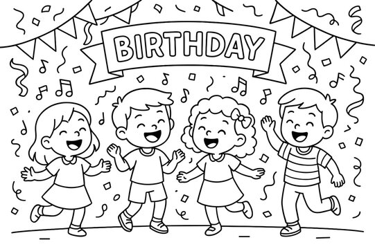 Birthday Celebration Coloring Page. Birthday song and dance children?s coloring book illustration, outlined drawing, children singing and dancing joyfully