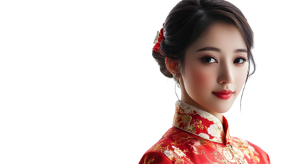 Portrait of a beautiful chinese woman in traditional red dress isolated on transparent background
