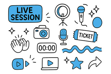 Live Session Icons. Live session promo. Hand-drawn doodle illustration live session promo live badge (accented), camera, ring light (accented), mic, countdown