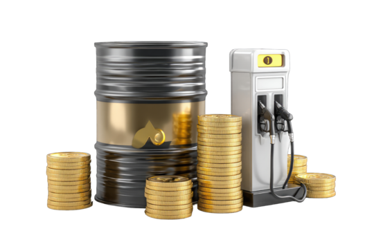 Oil barrel, gold coins, and gas pump - Powered by Adobe