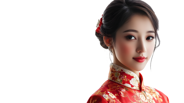 Portrait of a beautiful chinese woman in traditional red dress isolated on transparent background